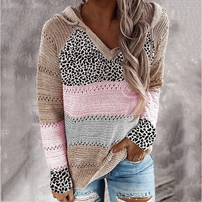 Striped & Leopard Patchwork V-Neck Hooded Sweater