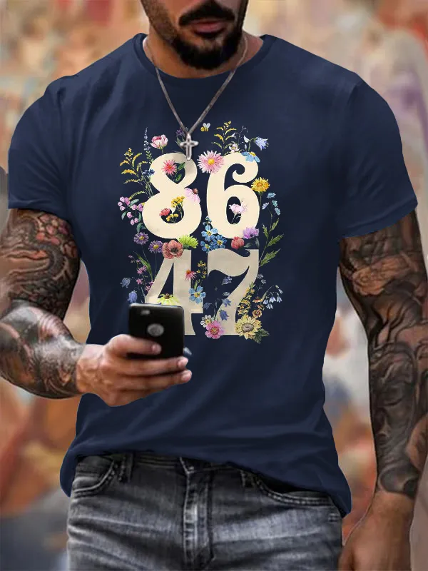 Men'S T-Shirt Men'S Vintage Flower 86 47 Printed T-Shirt Digital Flower Print Pure Cotton Short Sleeve