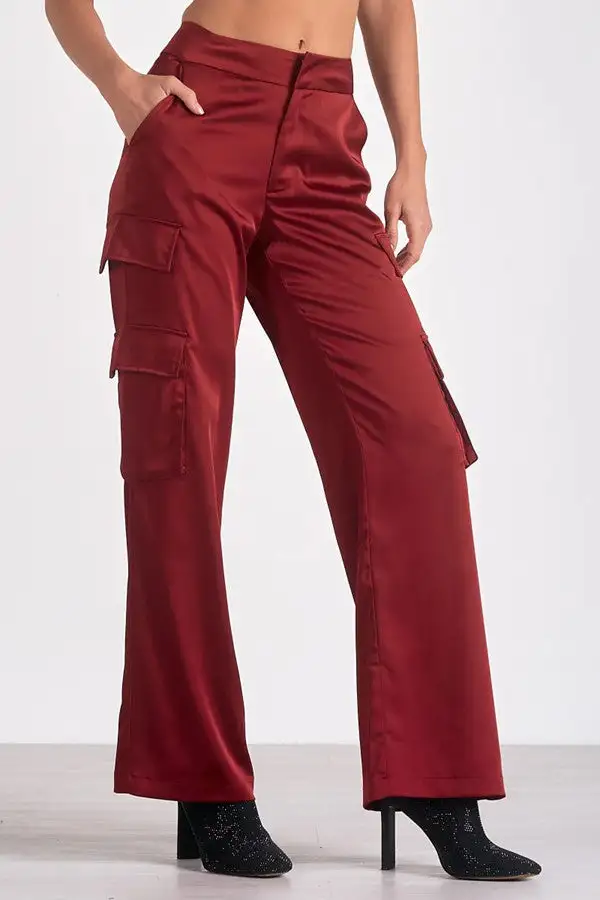 Burgundy Red High-Rise Cargo Flare Pants
