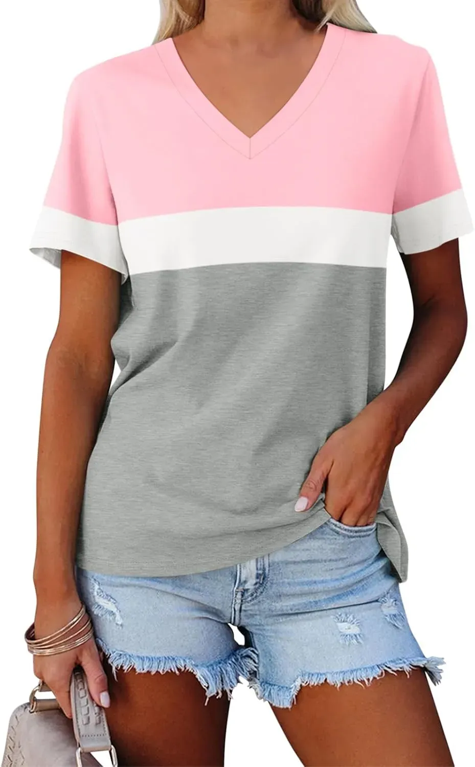 ORANDESIGNE Women's Color Block Short Sleeve T Shirts Casual V Neck Summer Tops Tees Loose Fit Blouses