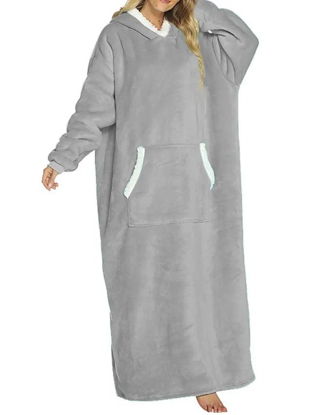 Women's Wearable Blanket Hoodie Blanket Pajama Loungewear Pure Color Warm Plush Casual Home Daily Bed Flannel Warm Breathable Hoodie Long Sleeve Pocket Fall Winter Lake blue Black