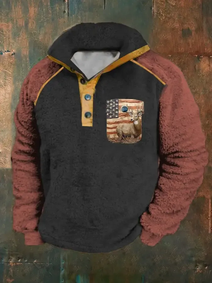 Men's Retro Casual Contrast Print Button Sweatshirt