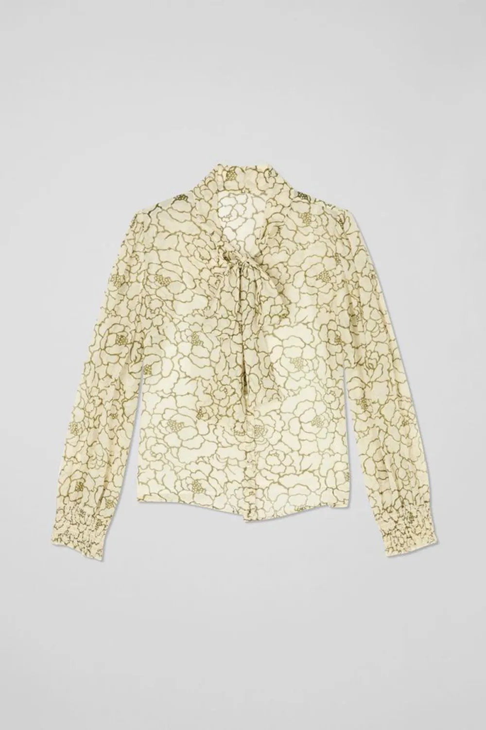 Cream Floral Print Tie Neck Long Sleeve Blouse