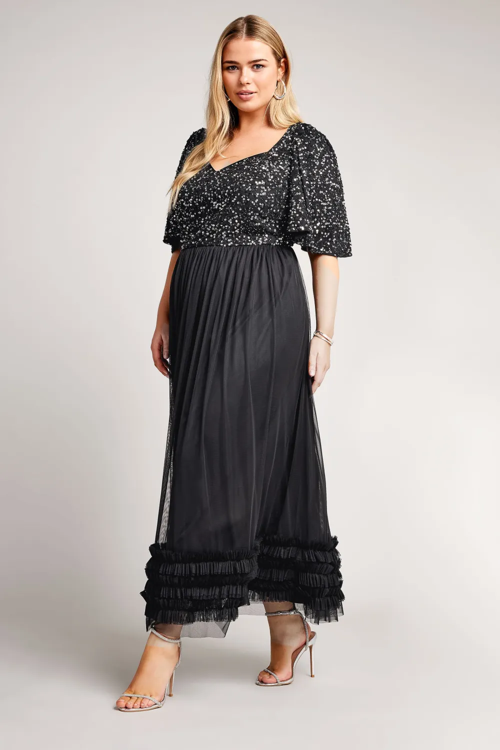 LUXE Curve Black Sequin Sweetheart Ruffle Maxi Dress