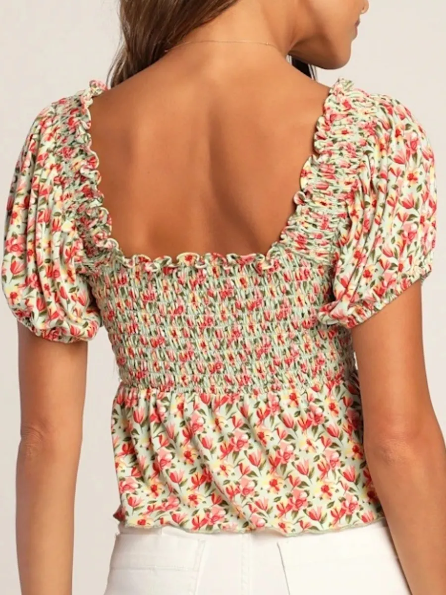 Smocked Floral Short Sleeve Blouse