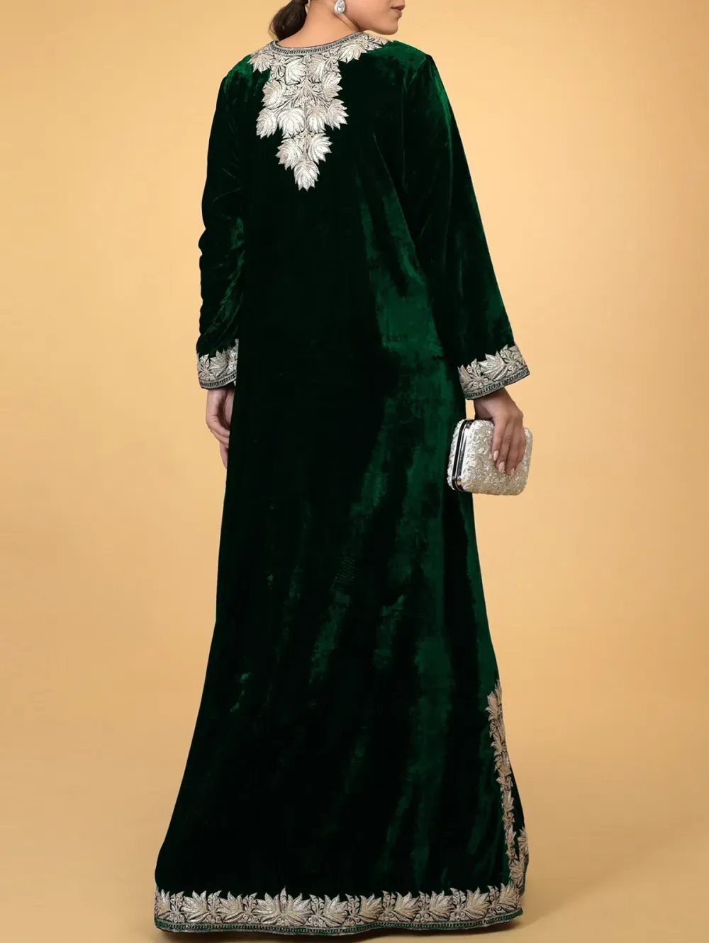 Elegant Long Sleeve Floral Pattern Side Slit Velvet Maxi Dress