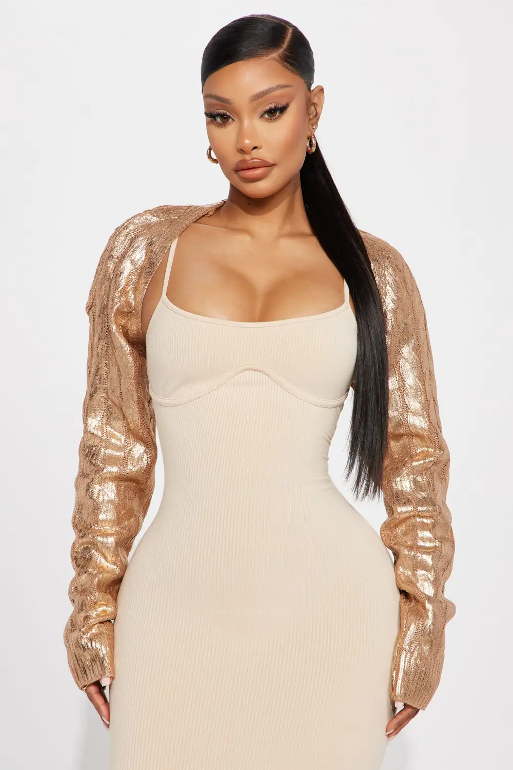 Here For The Vibes Metallic Bolero Sweater - Bronze
