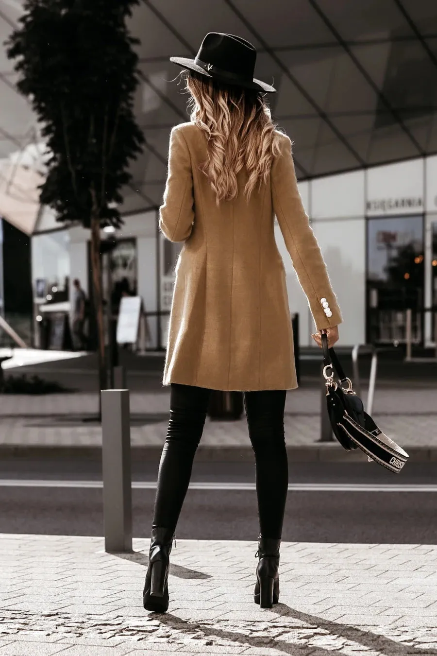 Solid double breasted imitation woolen coat