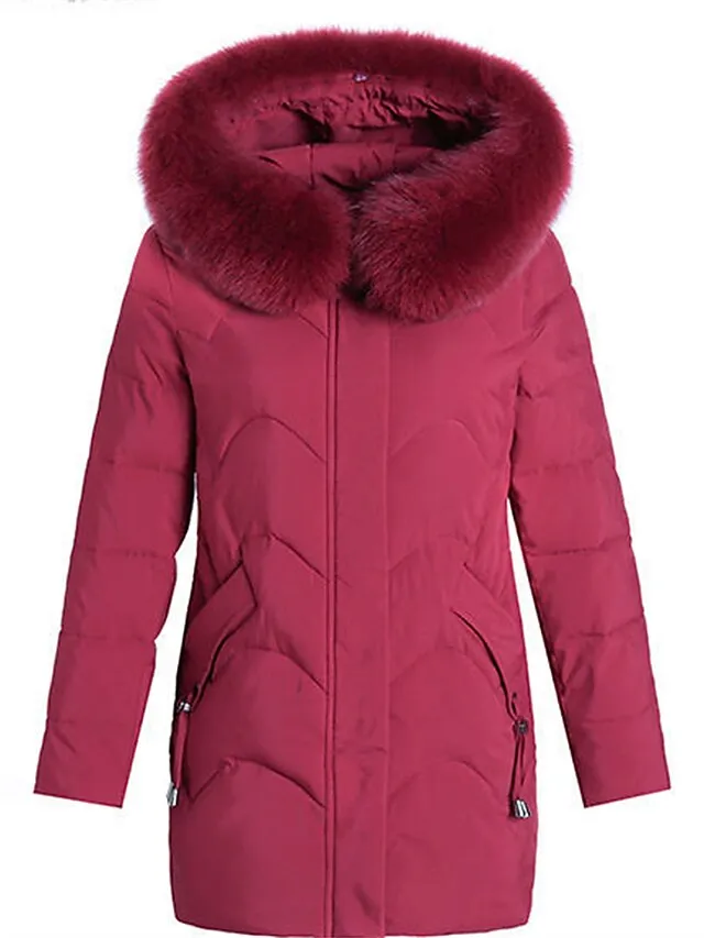 Women's Parka Warm Breathable Outdoor Street Daily Wear Going out Zipper Pocket Fur Collar Zipper Hoodie Fashion Modern Casual Street Style Solid Color Regular Fit Outerwear Long Sleeve Fall Winter