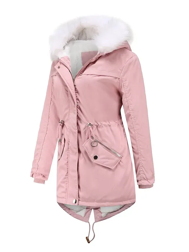 Women's Parka Puffer Coat Thermal Warm Winter Coat Windproof Heated Coat with Fur Collar Fall Zip up Drawstring Fleece Jacket with Pockets Outerwear Pink Black Pink Mid-Length