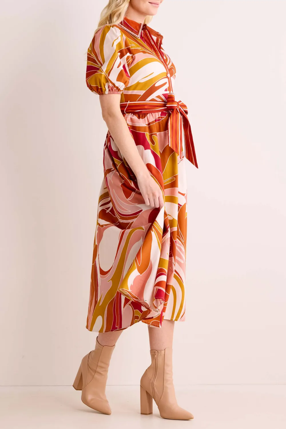 Orange Abstract Print Tie-Waist Midi Dress