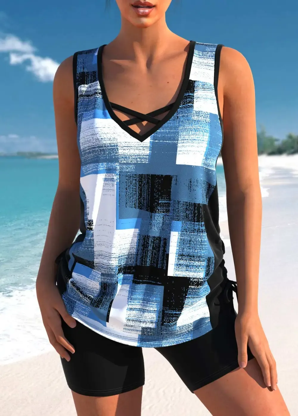 Floral Print Black Cross Strap Tankini Set