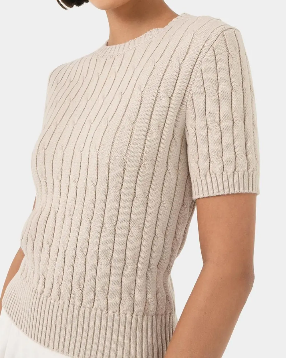 Ribbed Neckline Short Sleeve Cable Knit
