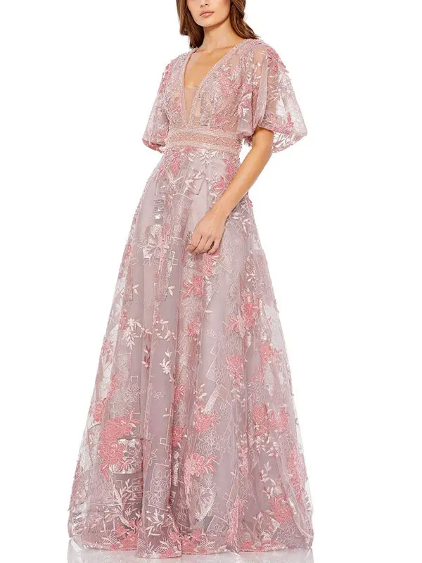 Embroidered Ruffle Sleeve A-line Dress