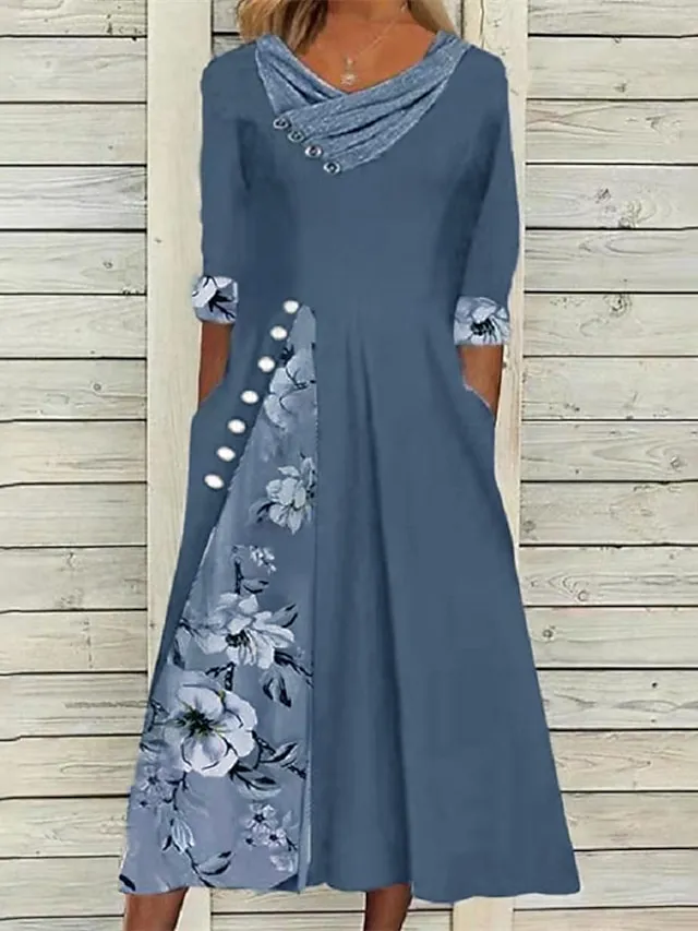 Women‘s Swing Dress Midi Dress Green Blue Gray Half Sleeve Floral Split Print Summer Spring V Neck Stylish Casual 2023 S M L XL XXL 3XL