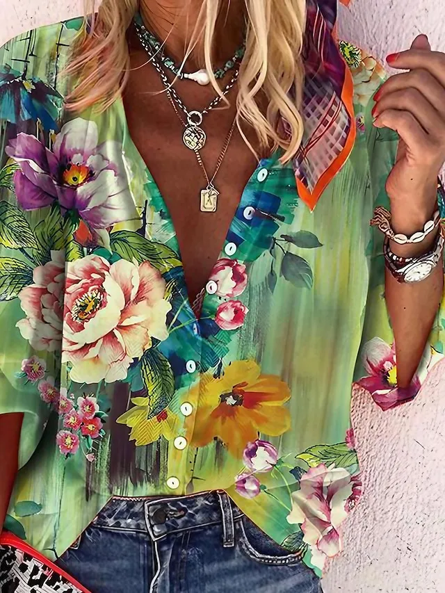 Women's Shirt Blouse Blue Green Floral Button Print Long Sleeve Casual Holiday Daily Basic V Neck Regular Fit Floral Fall & Winter