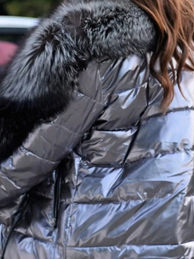 Women's Plus Size Down Fur Trim Pocket Pure Color Outdoor Causal Long Sleeve Turndown Regular Fall Winter Silver Black L XL XXL 3XL 4XL