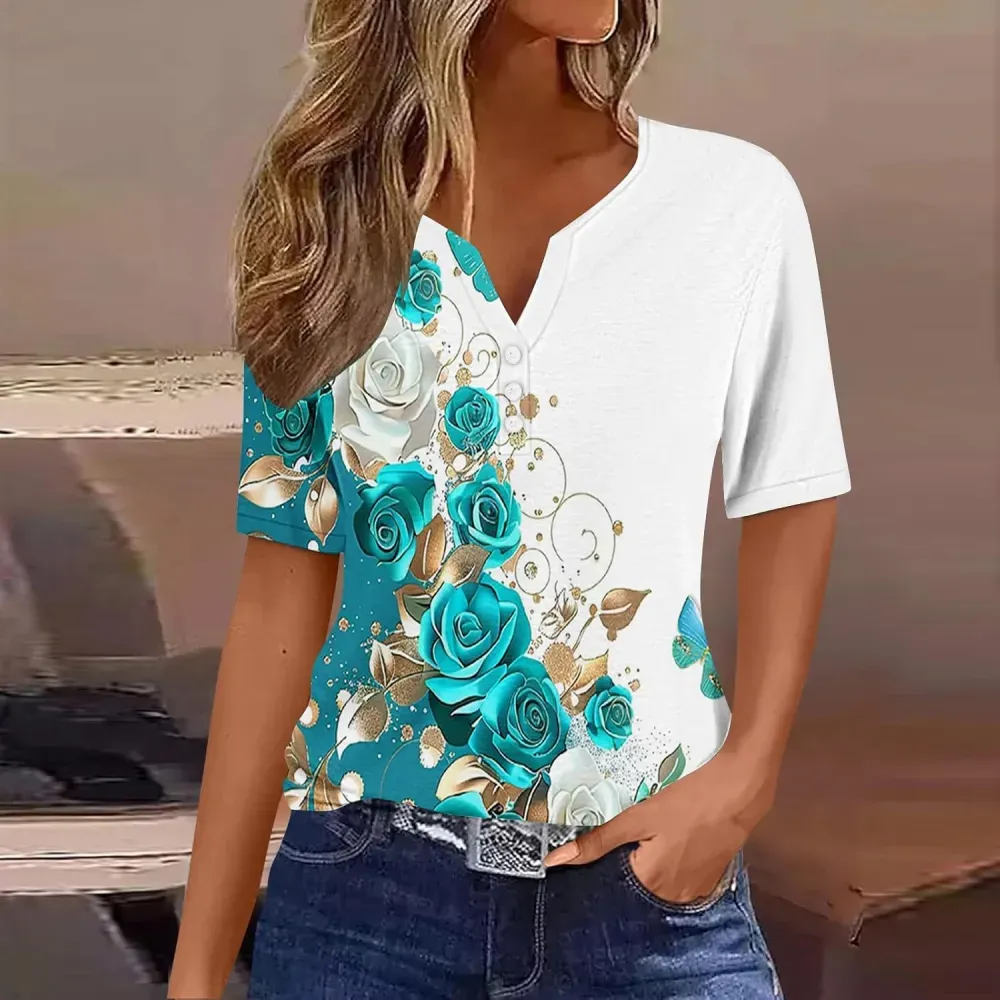 Shirts for Women Casual Printed Summer Tops Short-Sleeved Button V-Neck Tops Blouse Fashion Boho T-Shirts