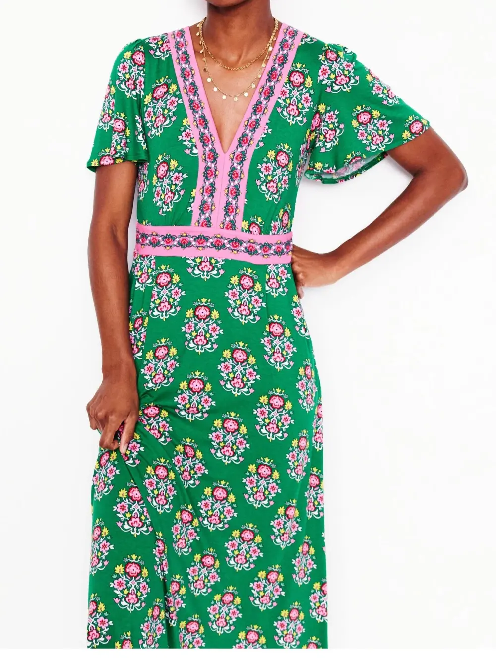 Green Floral Flutter - Sleeve Maxi Tea Dress