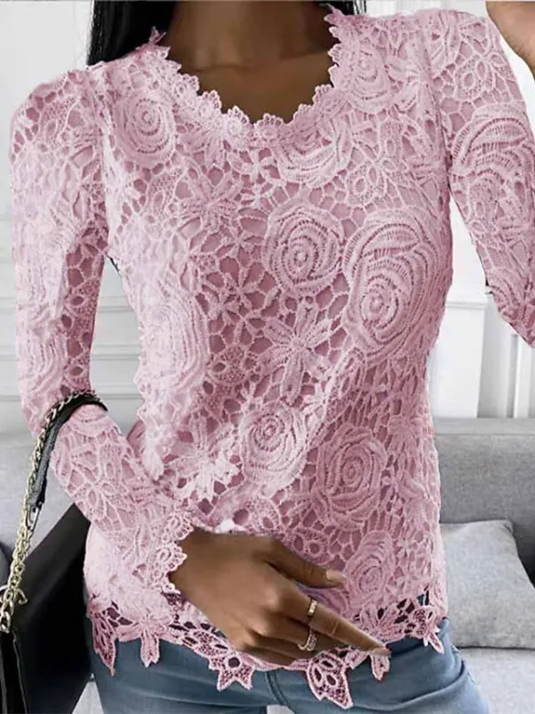 Women's Lace Shirt Shirt Blouse Plain Work Black White Pink Lace Long Sleeve Elegant Vintage Fashion Round Neck Regular Fit Spring Fall