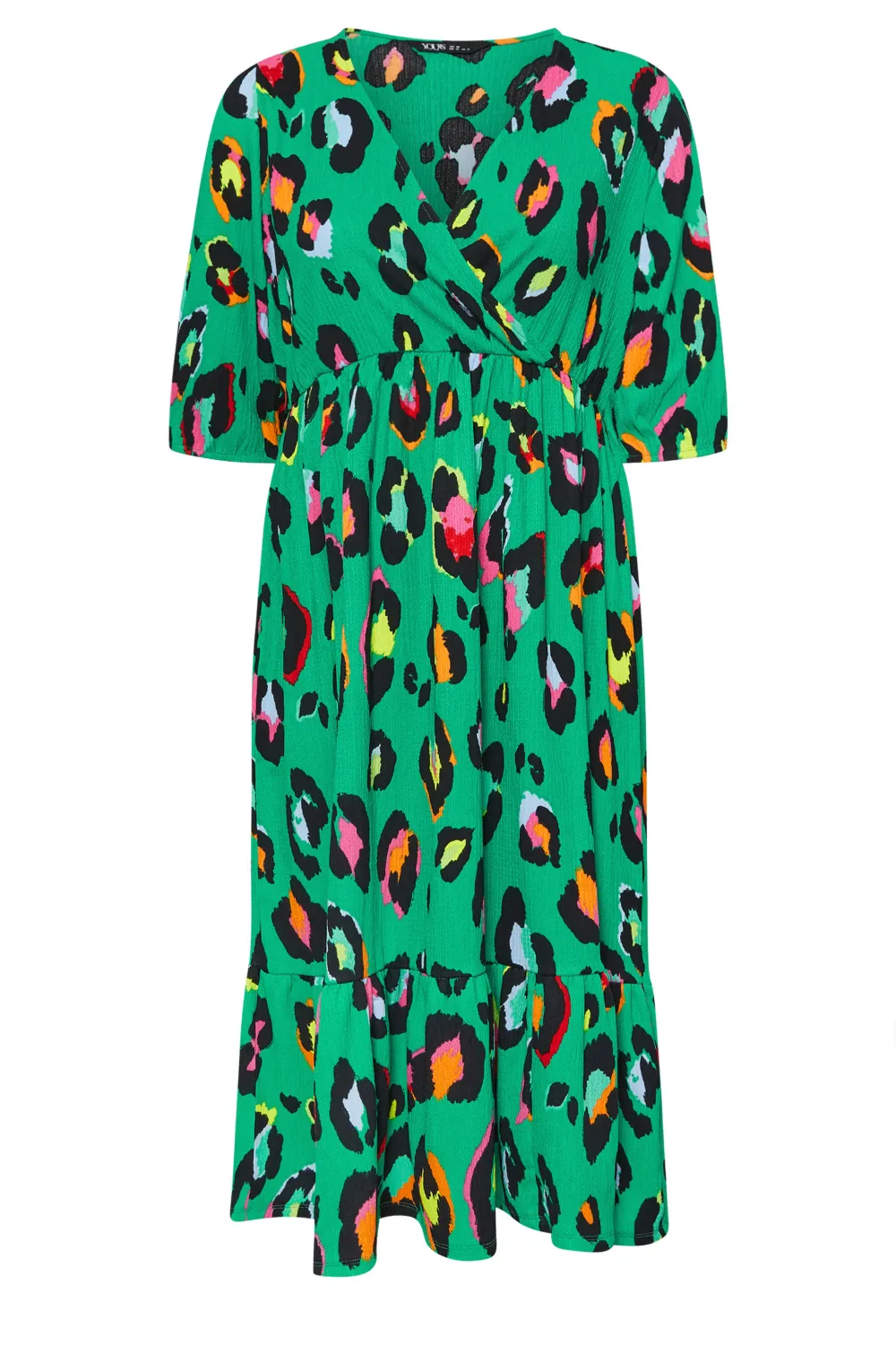 YOURS Curve Green Leopard Print Textured Wrap Dress