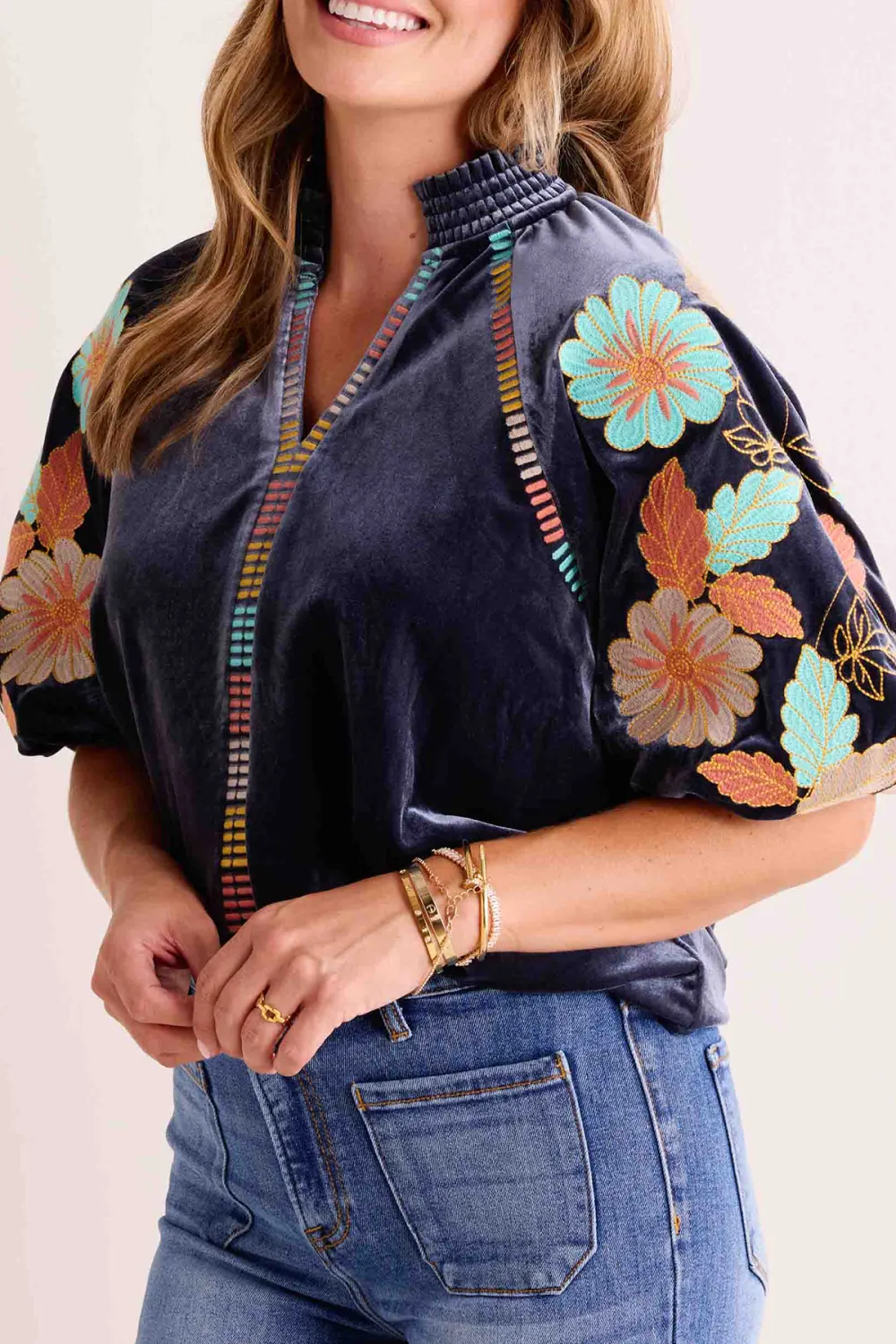 Floral Embroidered Velvet Puff Sleeve Top