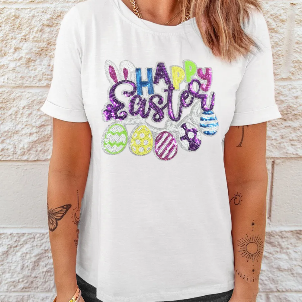 T-shirt Happy Easter Women Printed Round Neck Short Sleeve