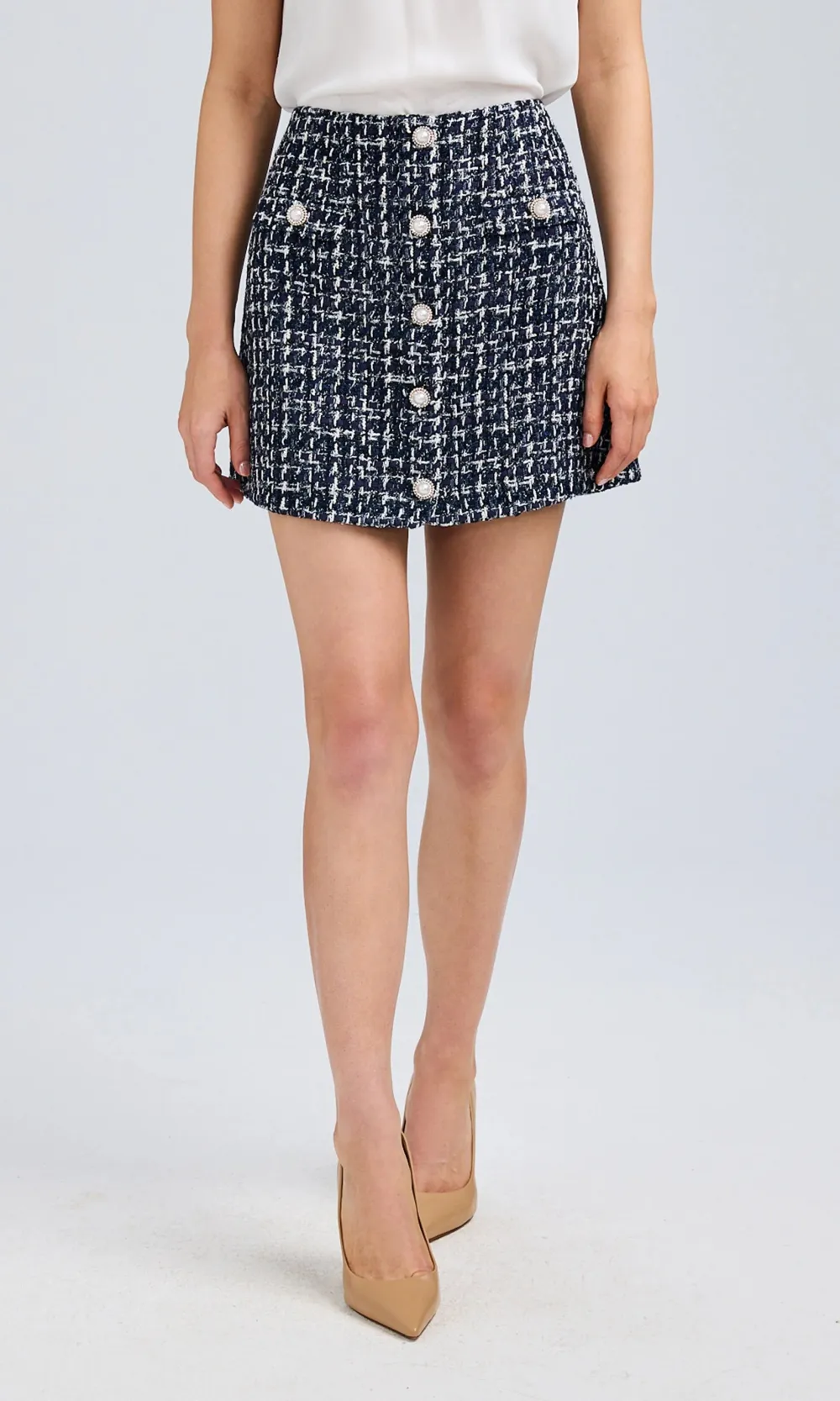 Plaid Decorative Button Tweed Skirt