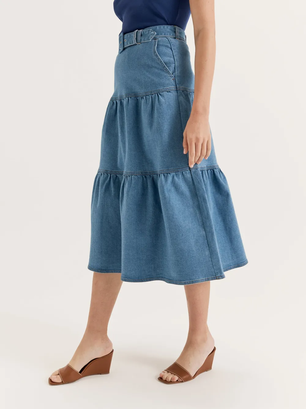 Washed Tiered Midi Denim Skirts