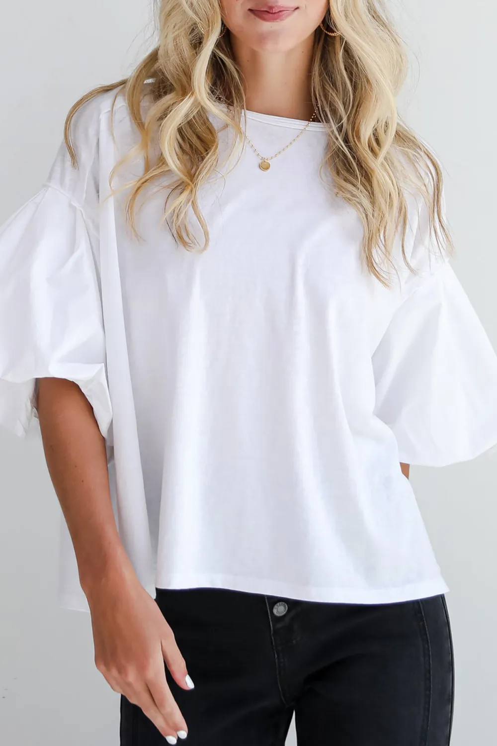 Poised Performance White Contrast Puff Sleeve Top