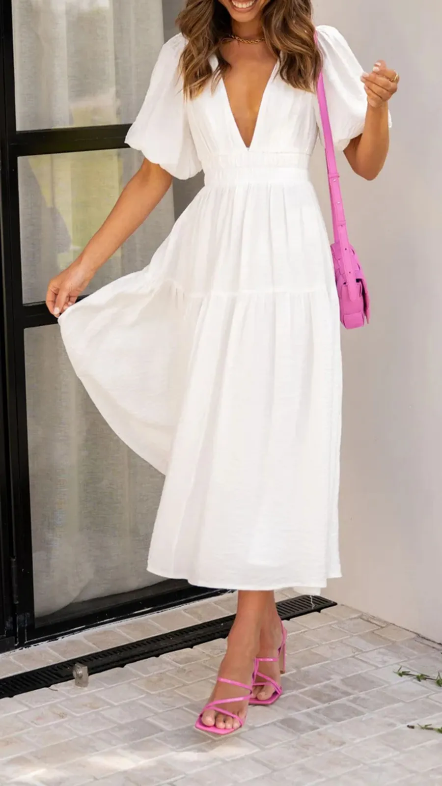 Solid Color Puffy Midi Dress