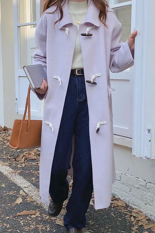 Faux Woolen Horn Button Long Coat