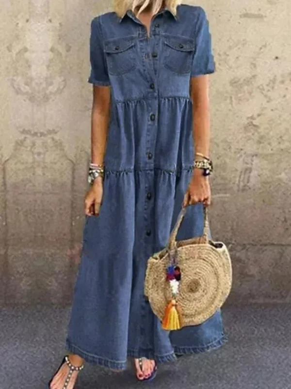 Women's Denim Shirt Dress Maxi long Dress Dark Blue Light Blue Short Sleeve Solid Color Pocket Button Spring Summer Shirt Collar Hot Casual Vintage 2023 S M L XL XXL 3XL / Loose