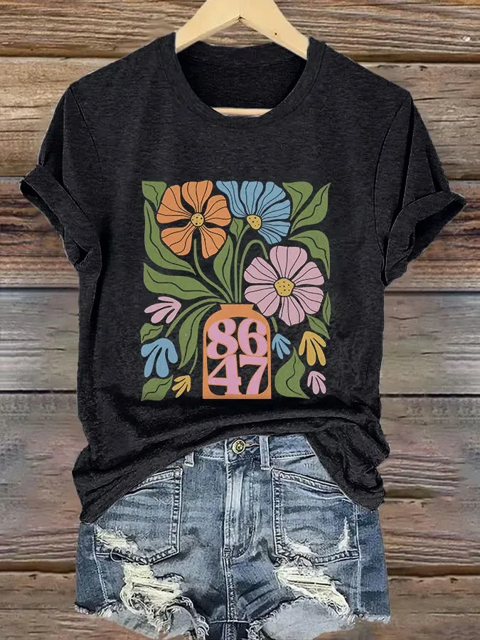Women'S T-Shirt Retro Flowers 86 47 Print T-Shirt Round Neck Pure Cotton Short Sleeves