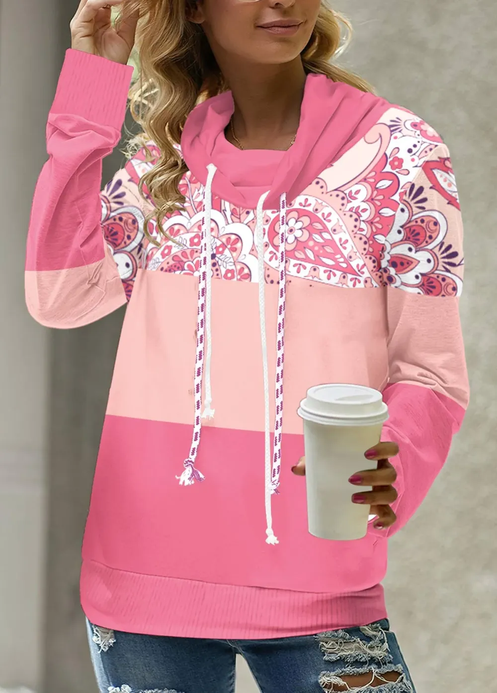 Pink Patchwork Tribal Print Long Sleeve Sweatshirt