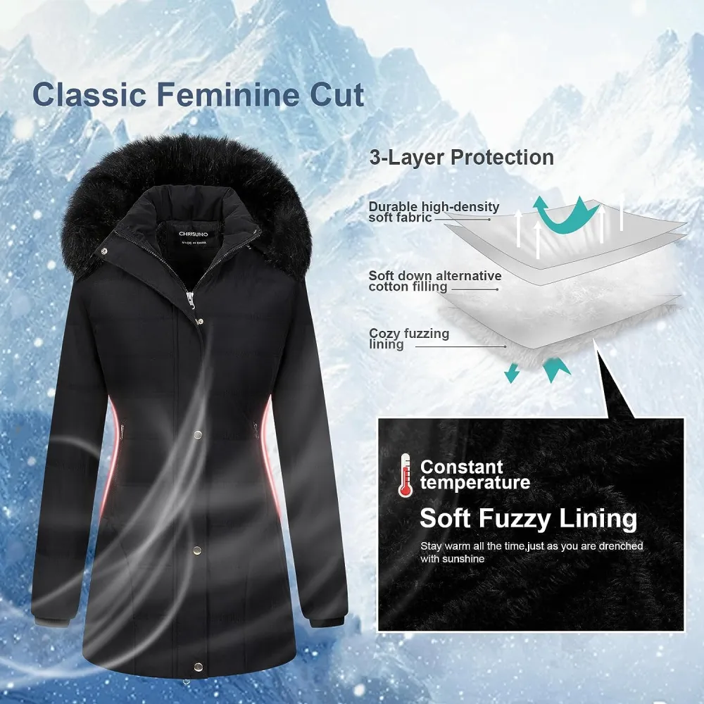 Women's Warm Winter Coat Velvet Puffer Jacket Quilted Faux Fur Hood