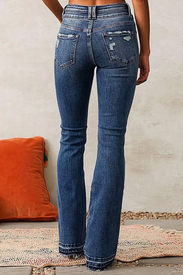 Dual Button Ripped Raw Hem High Rise Bootcut Jeans
