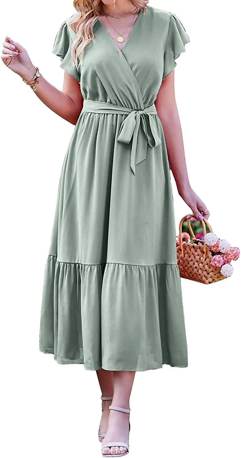Women Summer Bohemian Floral Casual Wrap V Neck Ruffle Cap Sleeveless Belt A-Line Pleated Hem Swing Midi Sun Dress
