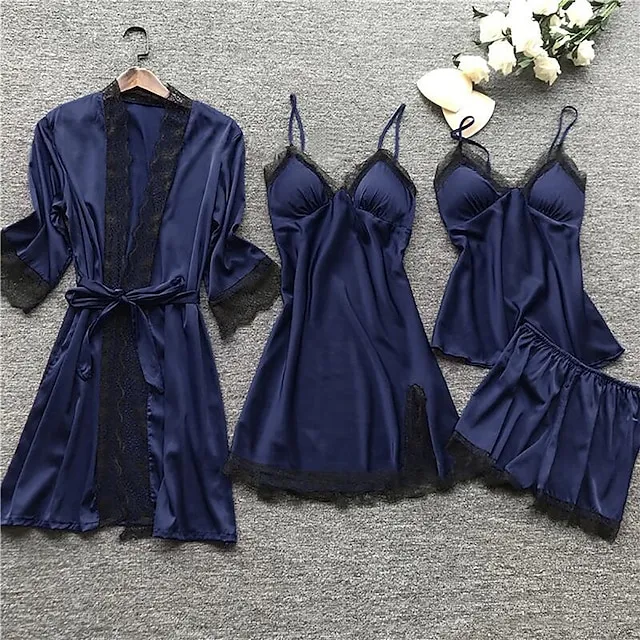 Women's Lace Satin Silk Pajamas Sets 4 Pcs Home Party Daily St.Patrick's Day Elastic Waist Pure Color Satin Simple Casual Soft Strap Top Shorts Fall Winter Spring Strap Short Sleeves Long Sleeve
