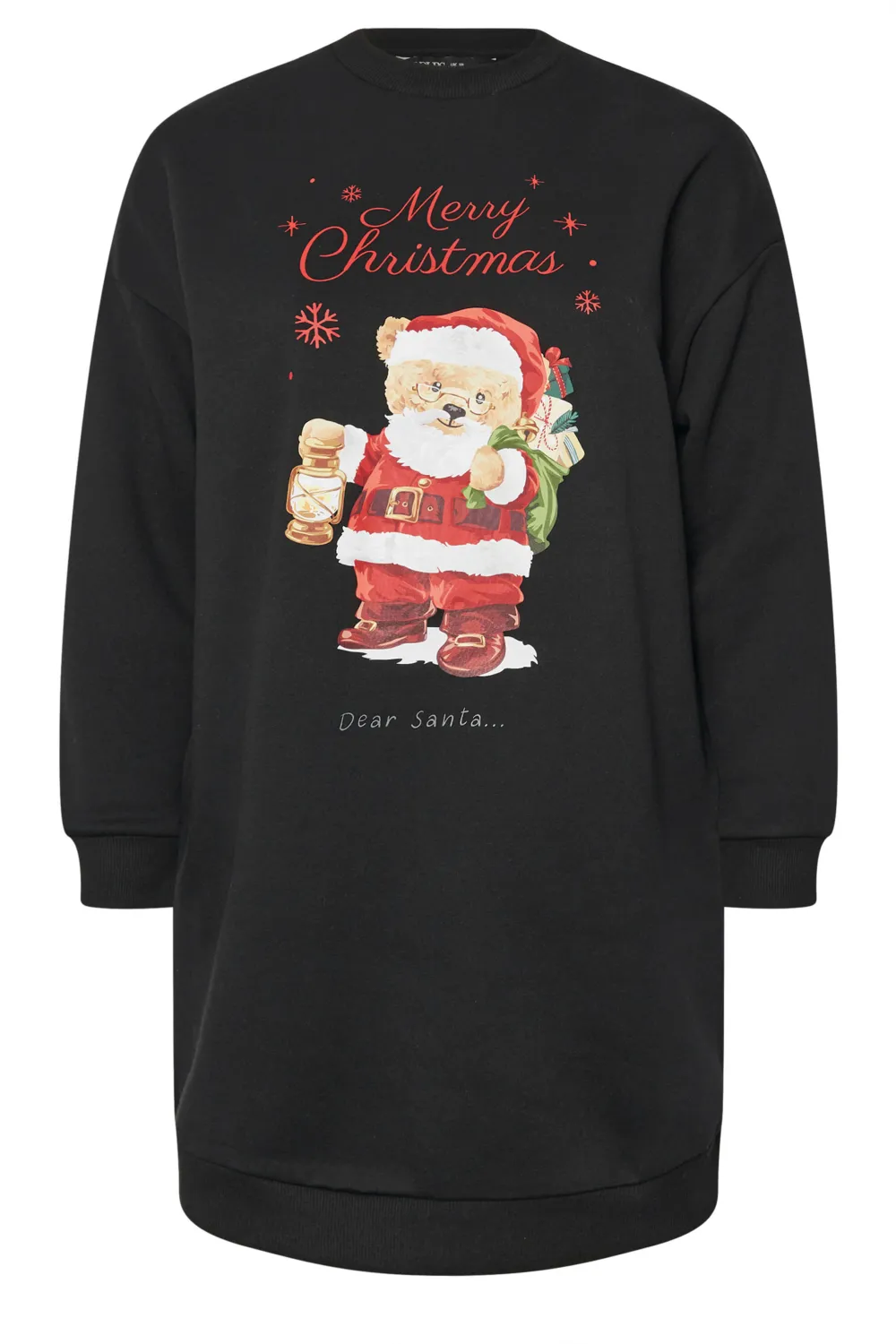 YOURS Curve Black 'Merry Christmas' Teddy Bear Sweatshirt Dress
