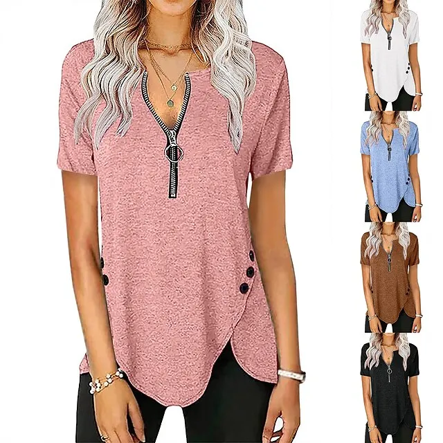 Women‘s Casual Short-Sleeved Top V-Neck Zipper Solid Color Button T-shirt Blouse