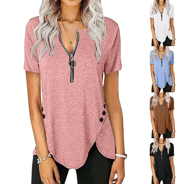 Women‘s Casual Short-Sleeved Top V-Neck Zipper Solid Color Button T-shirt Blouse