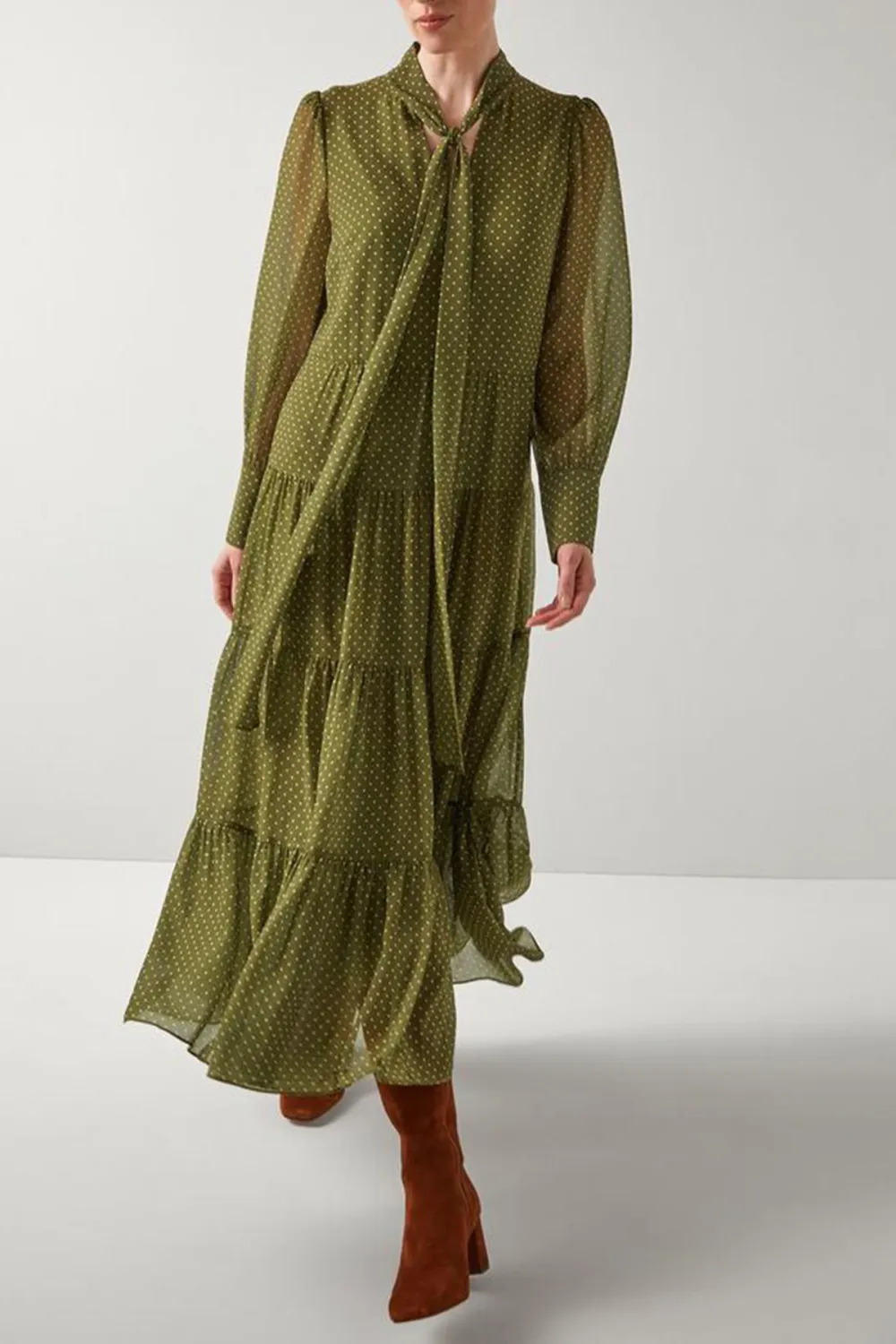 Green Polka Dot Tie Neck Tiered Dress