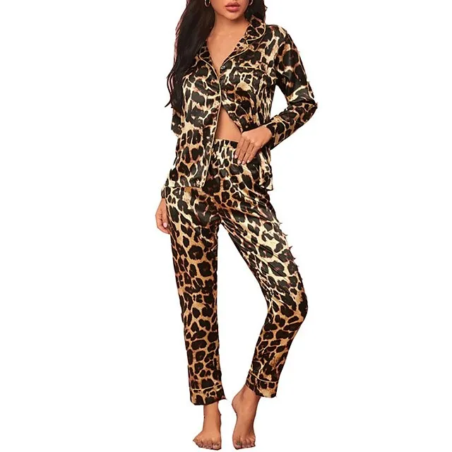 Women's Pajamas Sets Pjs 2 Pieces Leopard Stripe Fashion Simple Comfort Home Daily Vacation Satin Breathable Gift Lapel Long Sleeve Pant Button Elastic Waist Fall Spring Light Pink Black
