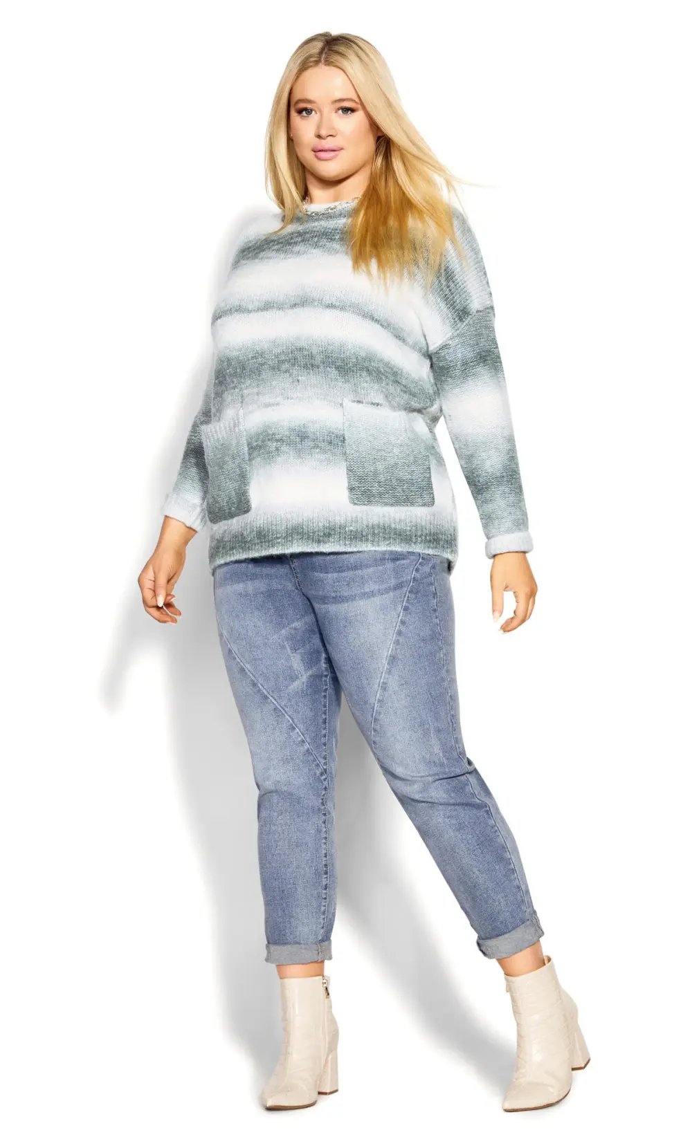 Evans White & Grey Stripe Drop Shoulder Jumper