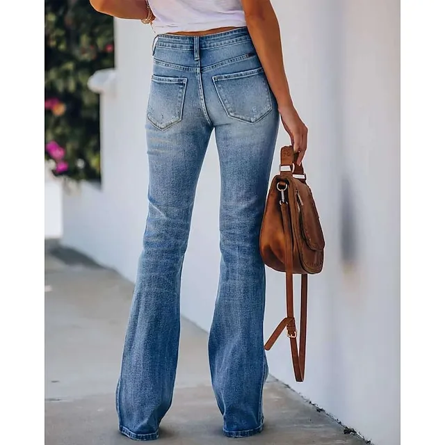 Women‘s Low Rise Jeans Bootcut Flare Full Length Denim Side Pockets Micro-elastic Mid Waist Fashion Casual Weekend Blue S M Summer Spring &  Fall