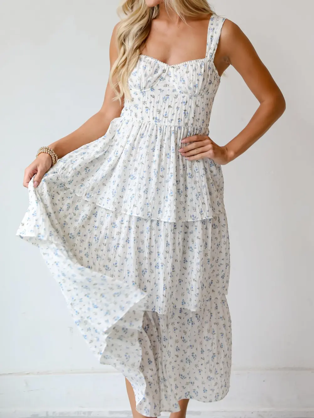 Caught Your Interest Ivory Floral Tiered Midi Dress