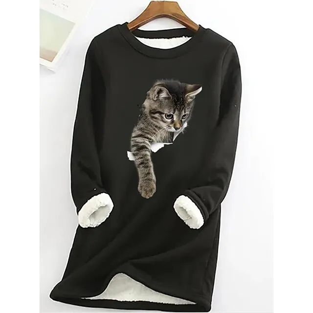 Women's Plus Size Sweatshirt Pullover Cat Teddy Sherpa Fleece Denim Blue Black White Street Casual Round Neck Long Sleeve Top Micro-elastic Fall & Winter
