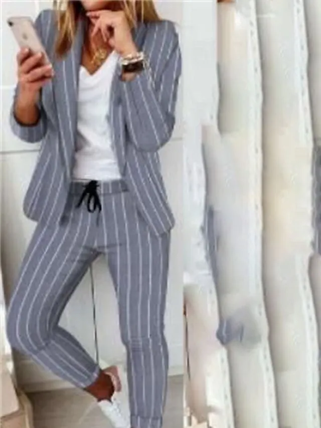 Women's Suits Office Work Daily Wear Spring Fall Regular Coat Regular Fit Thermal Warm Windproof Breathable Stylish Contemporary Modern Style Jacket Long Sleeve Color Block Striped Print White+Black