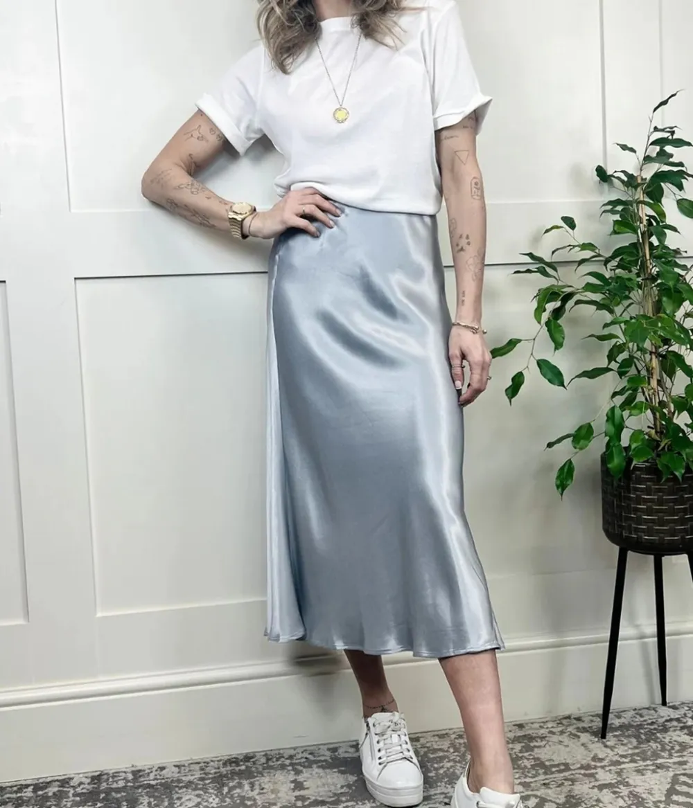 Silver Satin Midi Slip Skirt